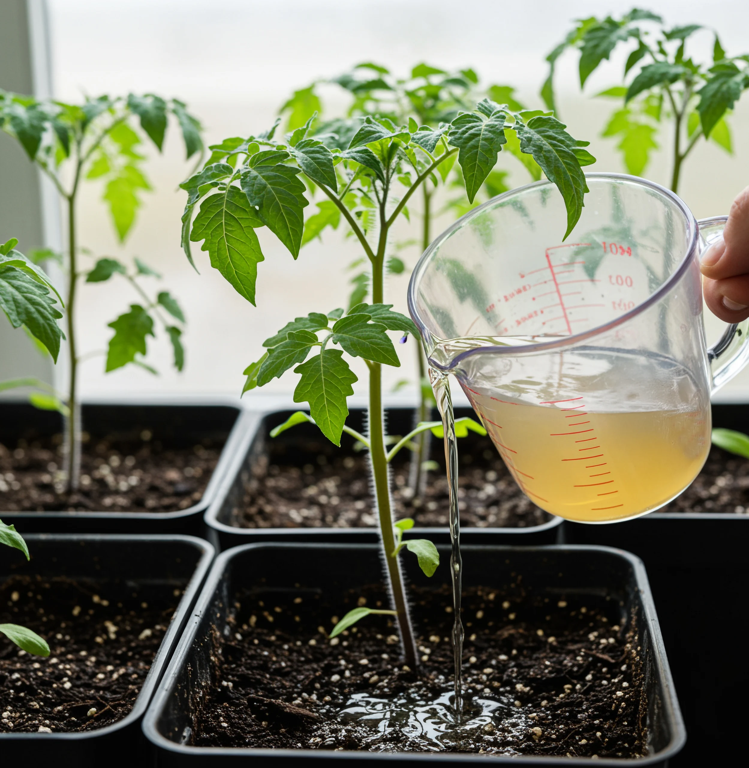 Gartenarbeit: Tomatenpflanze wird mit VGN Nährstoffen gegossen
