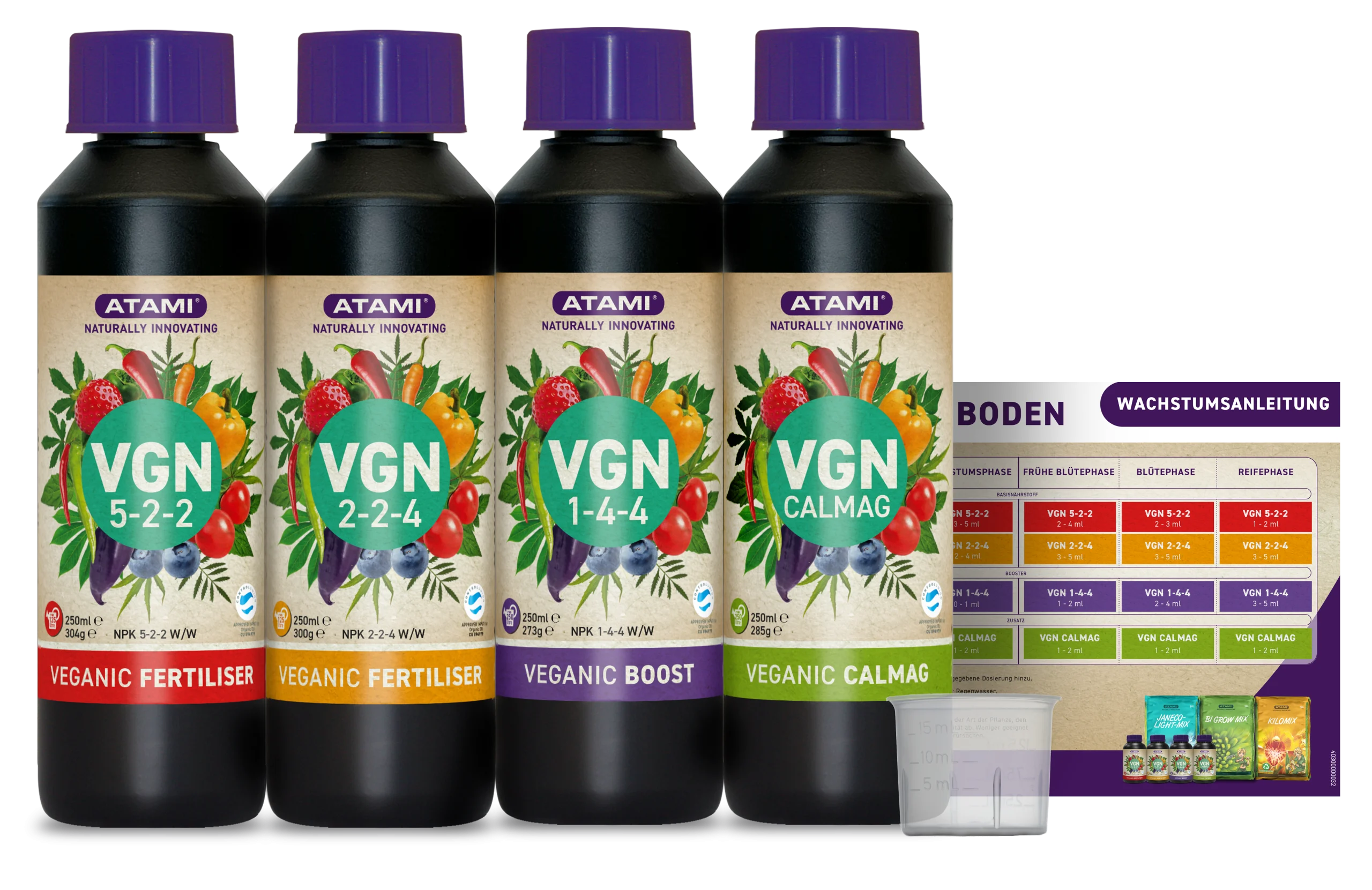 Grow Dünger Set, Atami VGN 4-Pack mit vier Flüssigdüngern und Wachstumsanleitung für optimales Pflanzenwachstum