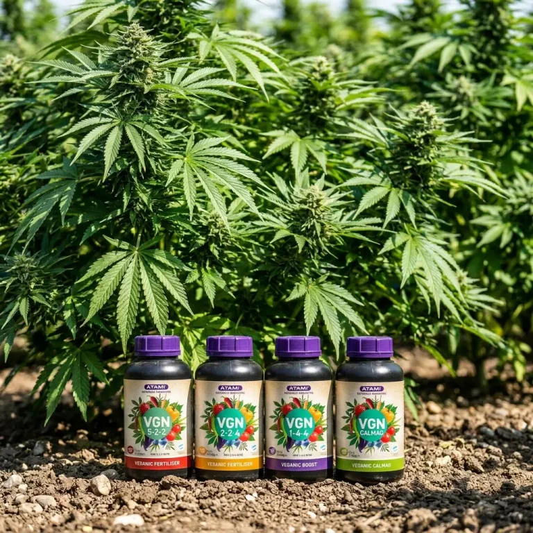 Atami VGN Cannabis Dünger vor gesunden Cannabispflanzen im Freien