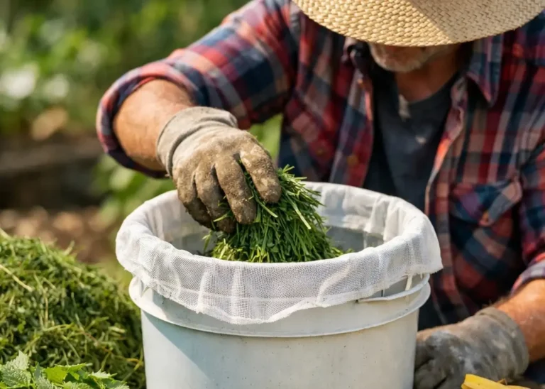 Gärtner stellt veganen Cannabis Dünger aus frischem Pflanzenmaterial in einem Eimer her