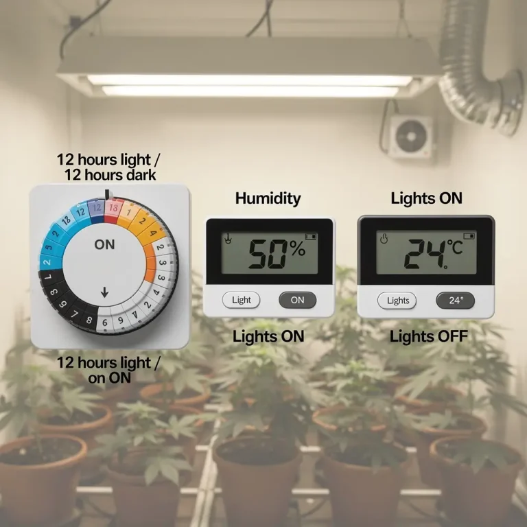 Infografik zum 12/12-Cannabis-Lichtzyklus mit 50 Prozent Luftfeuchtigkeit und 24 Grad Raumtemperatur