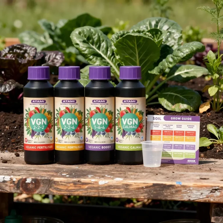 Atami VGN Cannabis-Dünger mit Veganic Fertiliser, Veganic Boost, CalMag und Grow Guide in einem Gemüsegarten