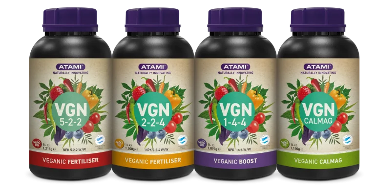 Atami VGN Cannabis-Dünger mit VGN 5-2-2, VGN 2-2-4, Veganic Boost und CalMag