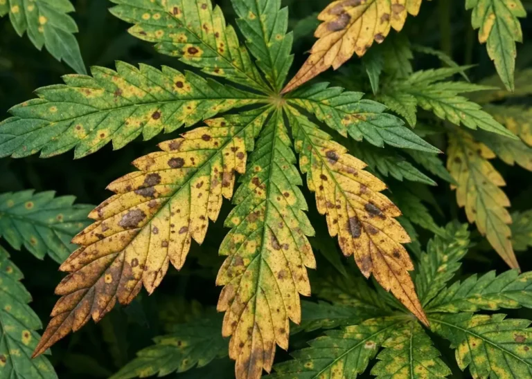 Cannabisblätter mit gelben Verfärbungen und braunen Flecken als mögliche Anzeichen von Mangelerscheinungen