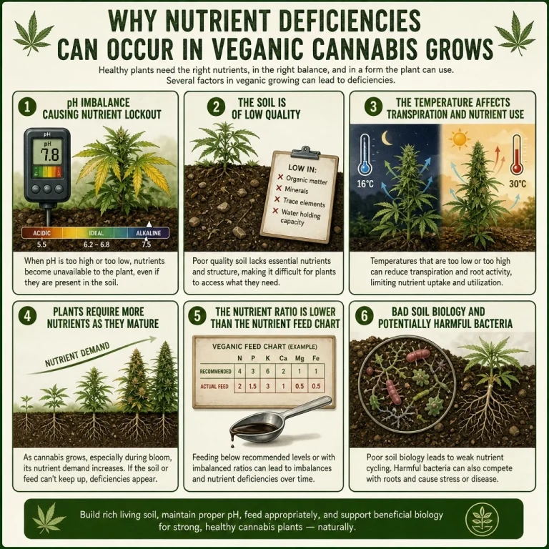 Infografik zu Ursachen von Cannabis-Nährstoffmangel durch falschen pH-Wert, schlechte Erde, Temperatur und unausgewogene Nährstoffversorgung