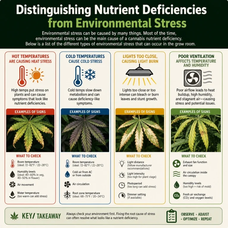Infografik zu Cannabis-Mangelerscheinungen durch Hitzestress, Kältestress, Lichtbrand und schlechte Belüftung