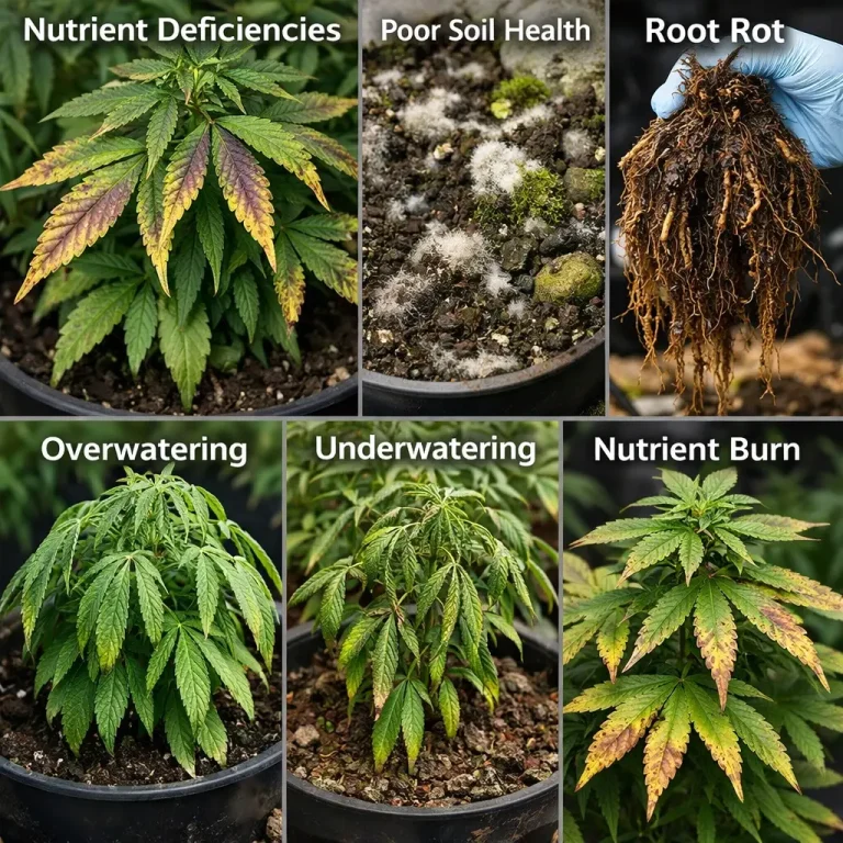 Infografik mit Cannabis-Mangelerscheinungen, Wurzelfäule, Überwässerung, Unterwässerung und Überdüngung