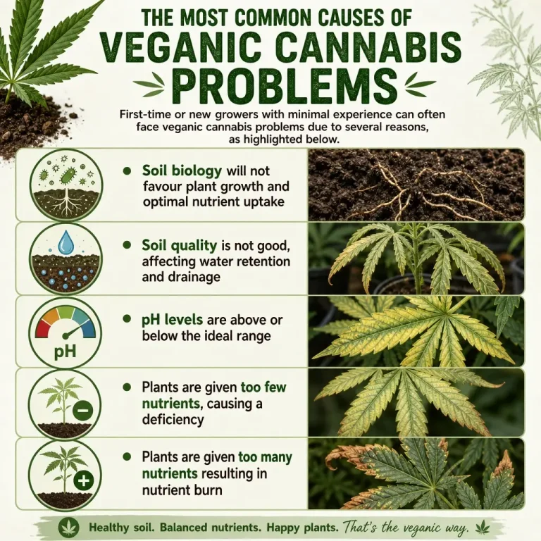 Infografik zu Cannabis-Mangelerscheinungen durch schlechte Bodenqualität, falschen pH-Wert, Nährstoffmangel und Überdüngung