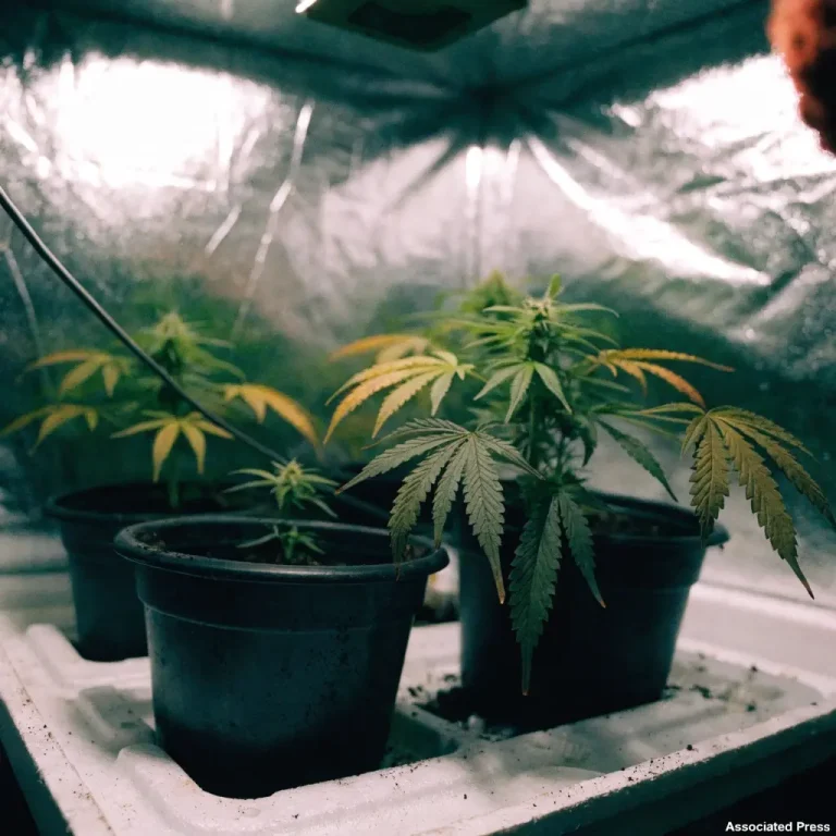 Cannabispflanzen in einer Cannabis Growbox unter künstlicher Beleuchtung mit teilweise verfärbten Blättern