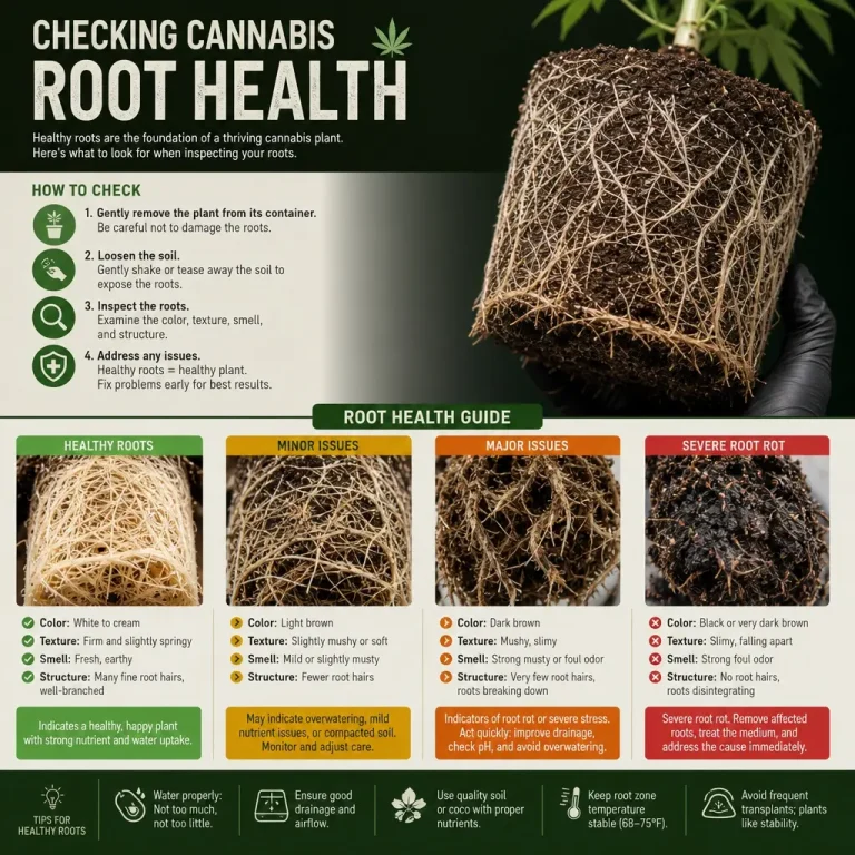 Infografik zur Wurzelgesundheit von Cannabis mit gesunden Wurzeln, frühen Wurzelproblemen und starker Wurzelfäule