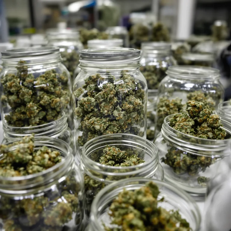 Gläser mit getrockneten Cannabisblüten beim Cannabis Curing und bei der Lagerung