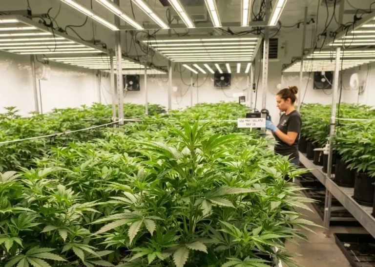 Cannabis Indoor-Anbau mit zahlreichen Pflanzen unter LED-Beleuchtung in einem professionellen Growraum