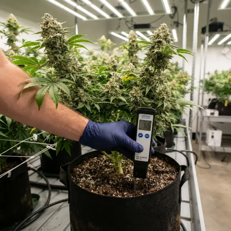 Messung des Cannabis pH-Werts im Substrat einer blühenden Cannabispflanze mit digitalem pH-Messgerät